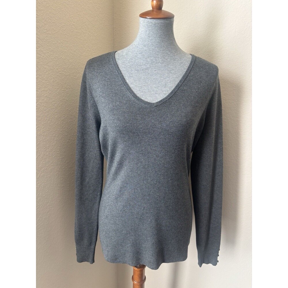 White House Black Market Size Large Gray V-Neck Long Sleeve Pullover Sweater-NWT
